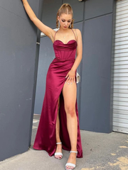 Fitted Mermaid Sweetheart Burgundy Long Prom Dresses with High Slit
