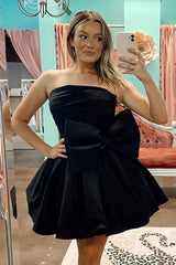 Black Strapless A-line Satin Homecoming Dress with Bow