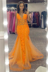 Unique Orange Appliques V-Neck Backless Mermaid Long Prom Dress