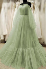 Simple Green Tulle Prom Dress with Bishop Sleeves,Dresses for Party Events