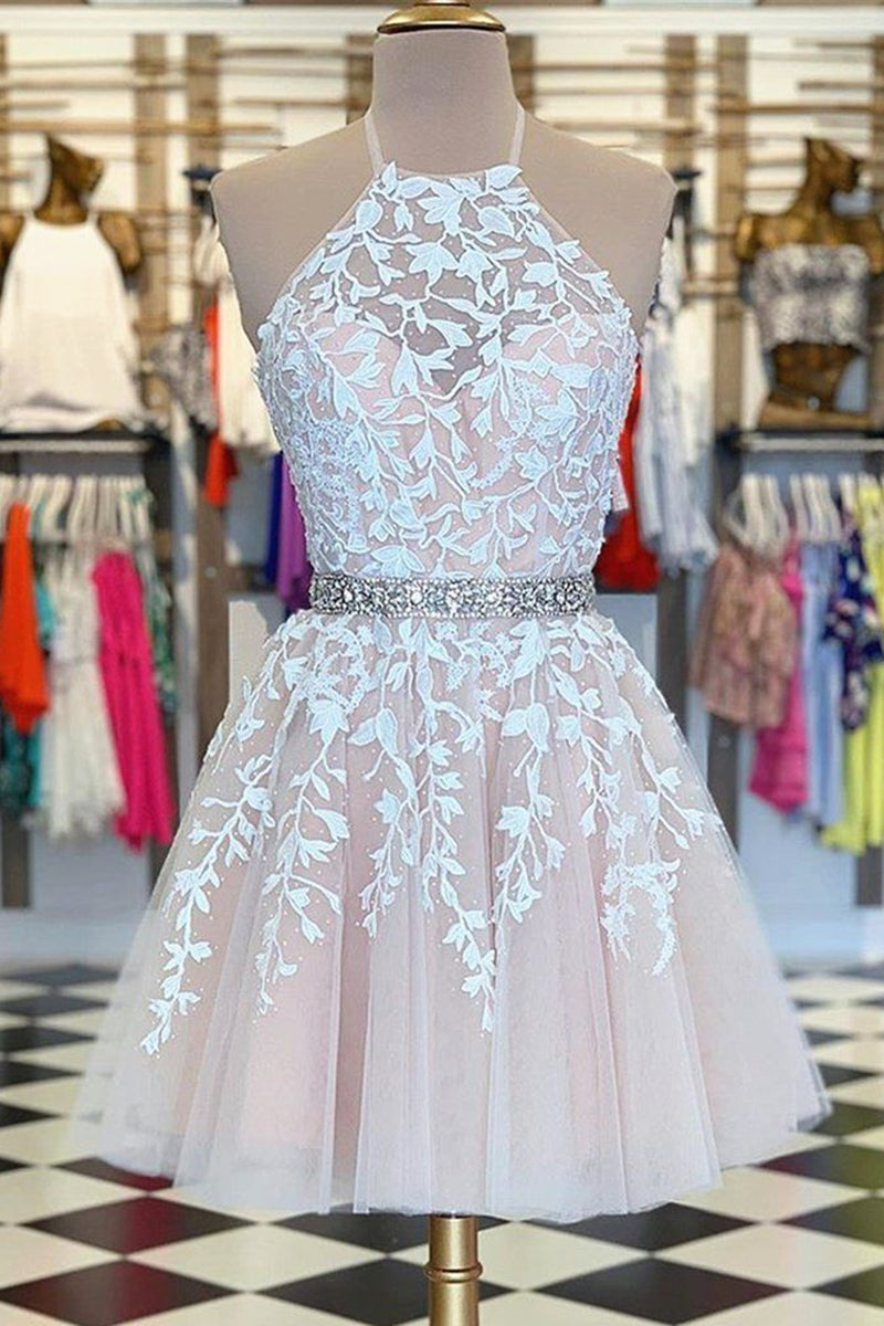 A Line Halter Neck Short Pink Lace Prom Dress with Belt, Pink Lace Formal Graduation Homecoming Dress