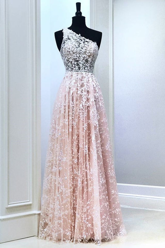 A Line One Shoulder Pink Lace Long Prom Dress, Pink Lace Formal Dress, Pink Evening Dress