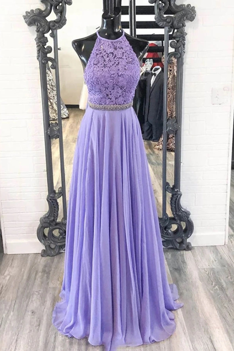 A Line Purple Lace Long Prom Dress with Belt, Purple Lace Formal Dress, Purple Evening Dress, Bridesmaid Dress