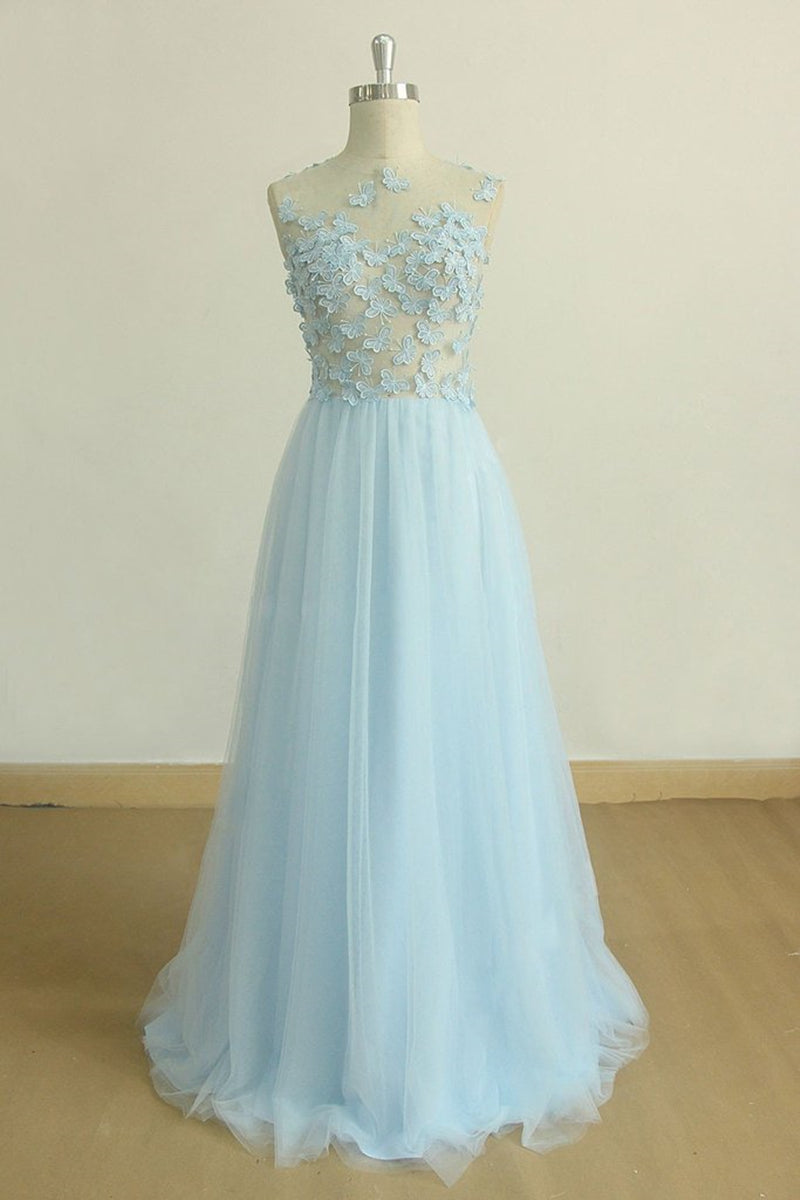 A Line Round Neck Baby Blue Lace Long Prom Dress with Butterfly, Baby Blue Lace Formal Graduation Evening Dress