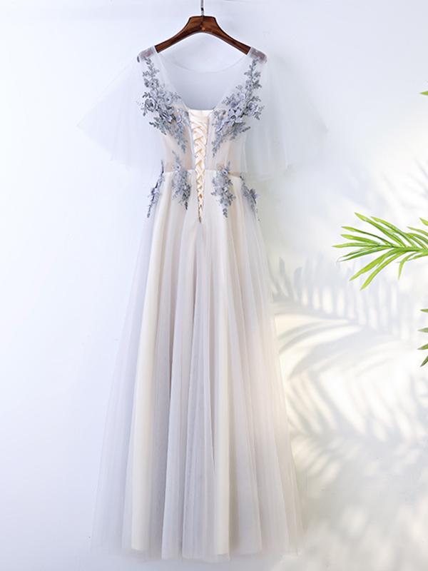 A Line Round Neck Half Sleeves Gray Lace Prom Dresses, Gray Floral Long Formal Evening Dresses