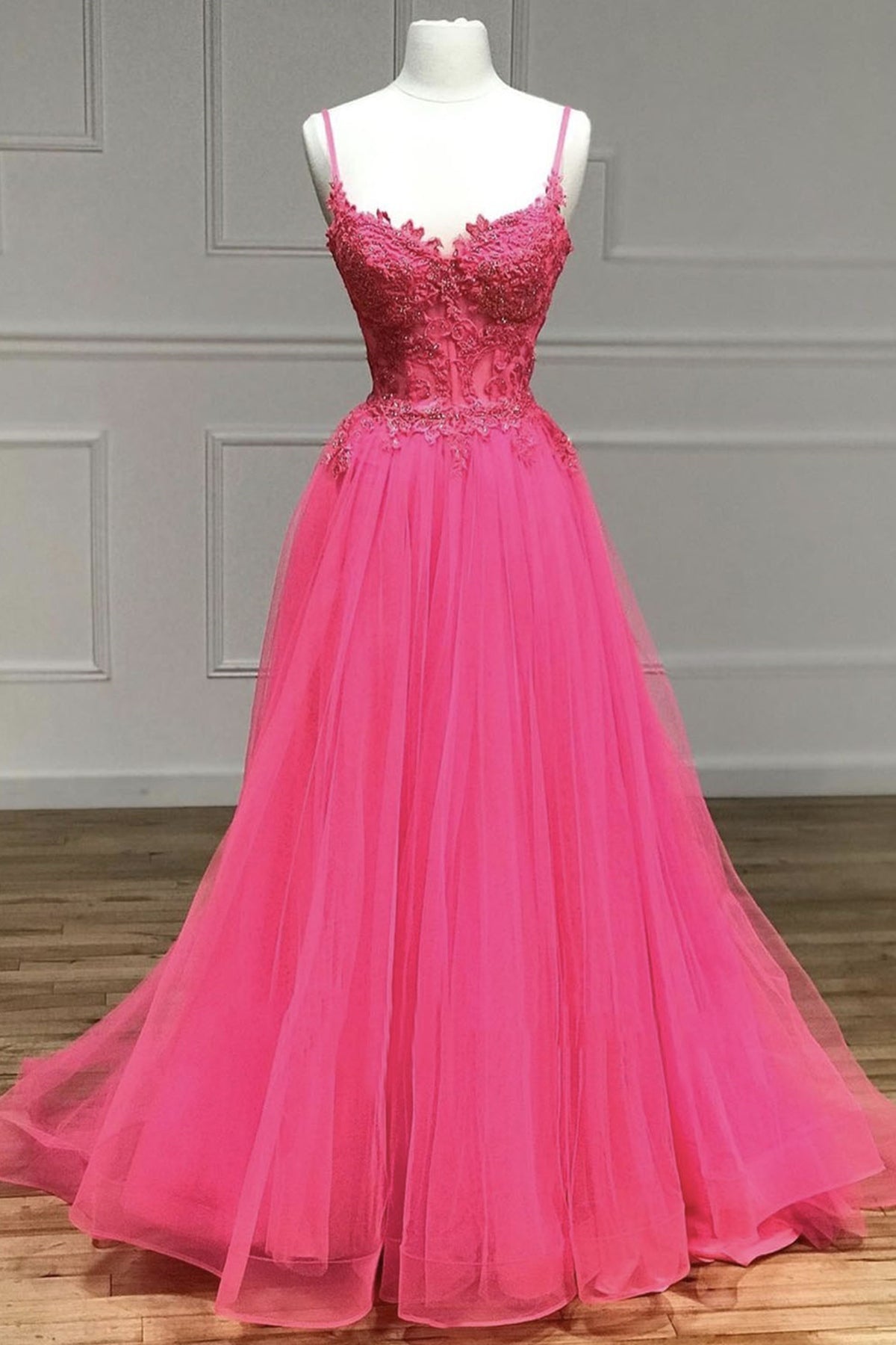 A Line Spaghetti Straps Beaded Pink Lace Long Prom Dress, Pink Lace Formal Dress, Pink Tulle Evening Dress