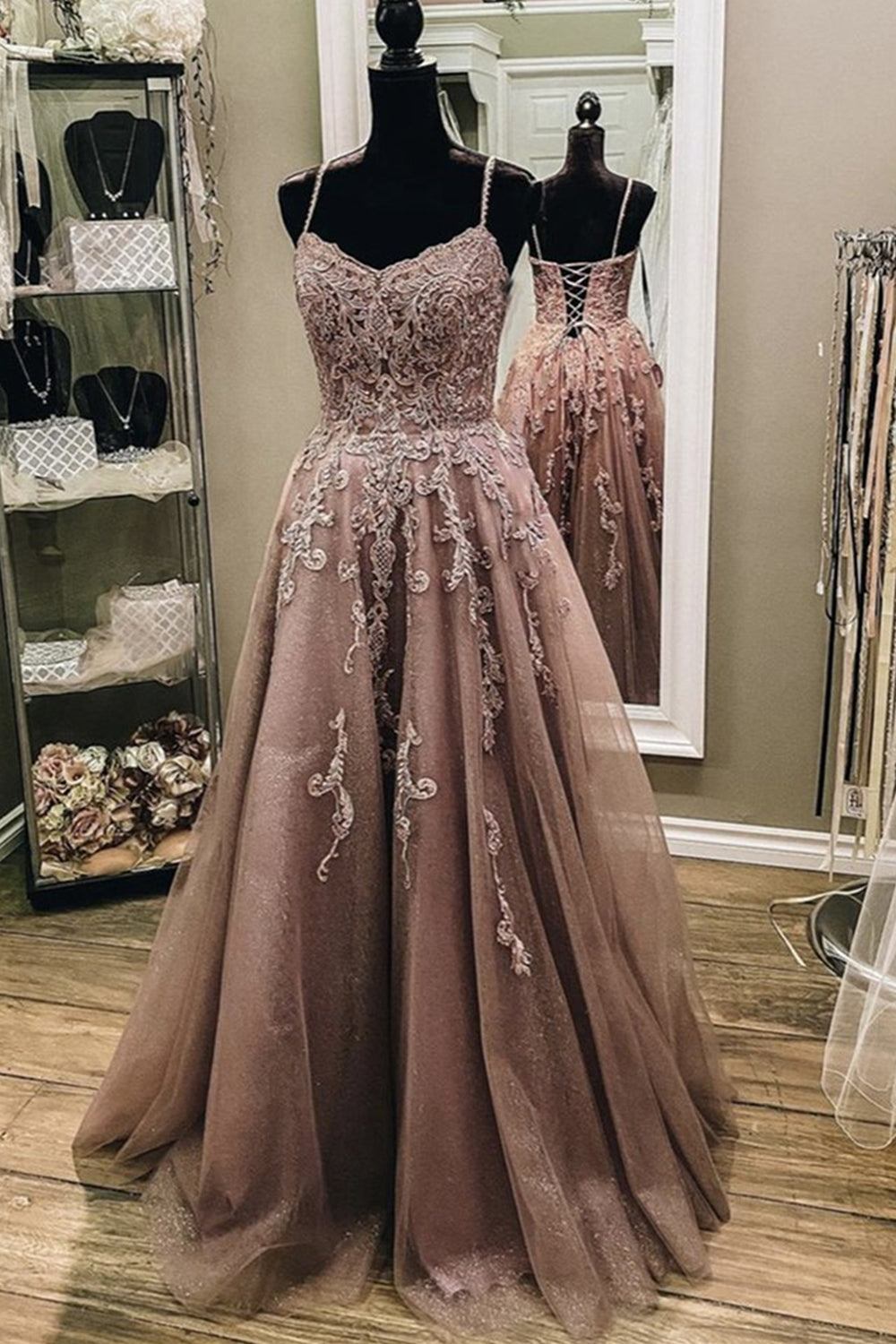A Line Thin Strap Lace Long Prom Dress, Lace Formal Dress, Evening Dress
