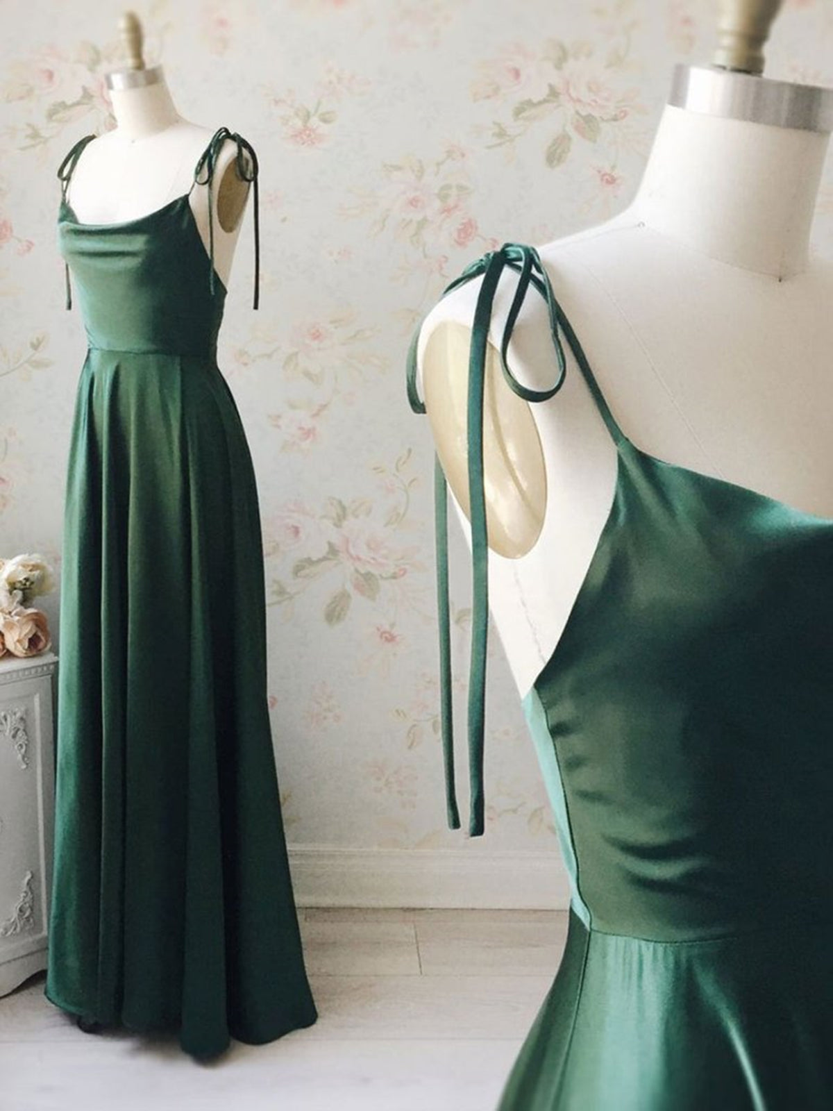 A Line Thin Straps Green Long Prom Dresses, Green Formal Graduation Evening Dresses
