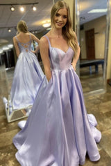 A Line V Neck Open Back Purple Satin Long Prom Dresses,Women Formal Graduation Evening Dress