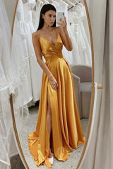 A Line V Neck Gold Satin Long Prom Dresses with High Slit,V Neck Formal Graduation Evening Dress