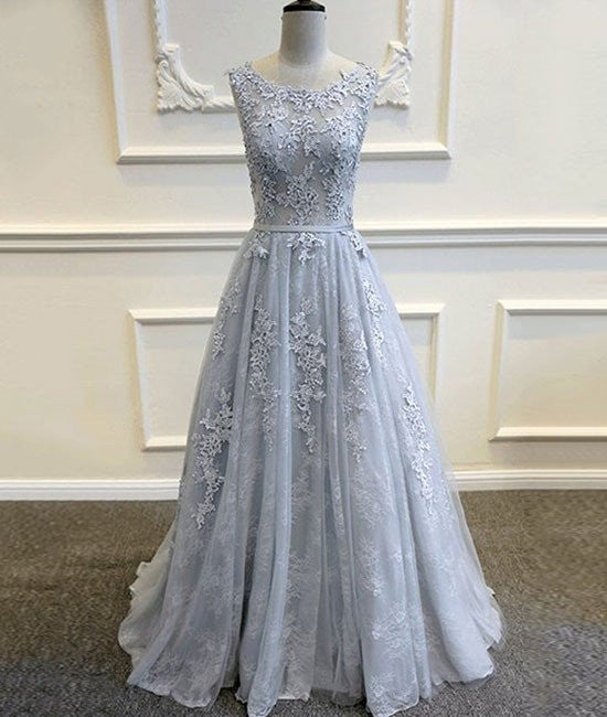 A Line Round Neck Lace Grey Prom Dresses, Lace Grey Formal Dresses