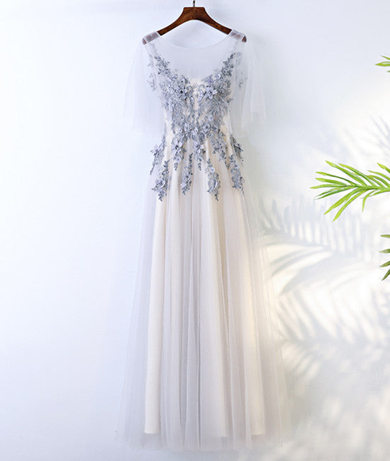 A Line Round Neck Short Sleeves Lace Prom Dresses With Appliques, Lace Formal Dresses