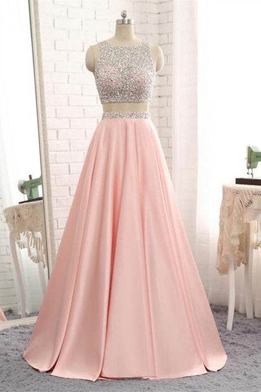 A Line Round Neck Two Pieces Beaded Pink Prom Dresses, Two Pieces Pink Formal Dresses, Pink Evening Dresses