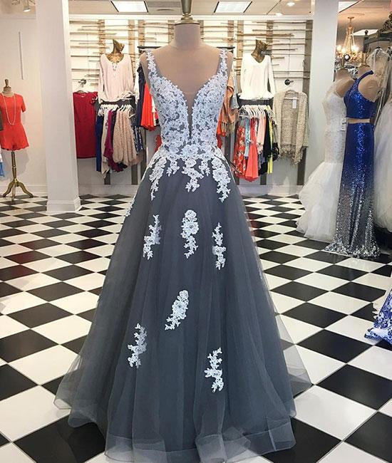 A Line Spaghetti Straps Lace Grey Tulle Long Prom Dress, Grey Formal Bridesmaid Dress, Evening Dress