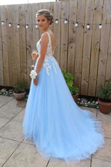 Light Sky Blue V Neck Long Tulle Prom Dress with Ivory Lace Appliques, Evening Gown