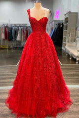 One Shoulder Red A-line Appliques Tulle Formal Evening Gown