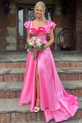 Hot Pink V-Neck Ruffle A-Line Satin Long Prom Dress