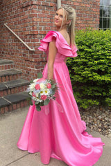 Hot Pink V-Neck Ruffle A-Line Satin Long Prom Dress