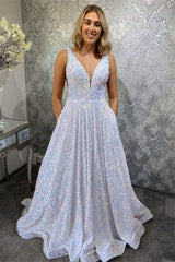 A Line Glitter V-neck Long Prom Dress,Sparkly Graduation Gown With Pockets,Gala Dresses