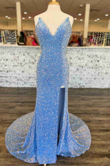 Long Light Blue V-Neck Iridescent Prom Dresses,Sparkly Sequins Formal Dress with Slit
