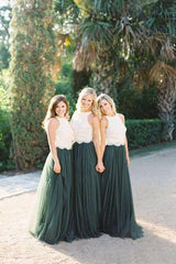Modest Ivory Lace Forest Green Tulle Round Neck Bridesmaid Dress for Weddings