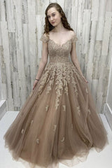 Off Shoulder Champagne Lace Long Prom Dress, Champagne Lace Formal Dress, Champagne Evening Dress