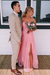 Lace Up Back Pink A-line Long Formal Dress Leg Split Prom Gown