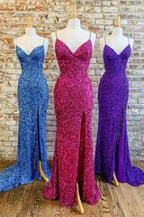 Mermaid Purple Sequin Long Prom Dress with Slit,Trumpet Formal Dresses