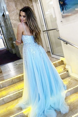 A Line V Neck Light Blue Lace Appliques Long Prom Dress, Spaghetti Straps Formal Evening Dress,Formal Dresses