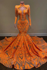 Unique Orange Long Sleeves Mermaid Prom Dress Sequins