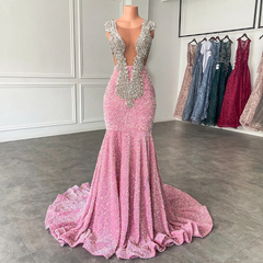 Sparkly Long Prom Dresses Mermaid Luxury Crystal Pink Sequin Formal Dress