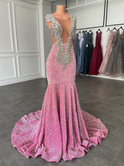 Sparkly Long Prom Dresses Mermaid Luxury Crystal Pink Sequin Formal Dress