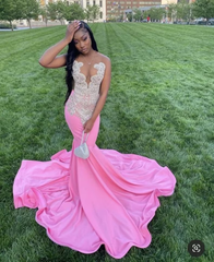 Long Fitted Pink Prom Dress,Mermaid Reception Dresses with Crystal