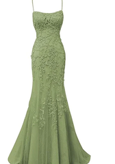 Sage Green Lace Appliques Long Prom Dress Mermaid Spaghetti Straps Evening Dresses