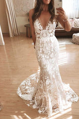 Elegant V Neck Lace Mermaid Wedding Gown Bride Dresses