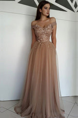 Beautiful Tulle A-line Off-the-Shoulder Long Prom Dresses with Appliques