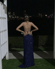 Navy Blue Sequin Prom Dresses Mermaid Long Formal Party Dresses Cross Back