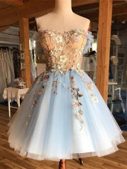 Short Blue Lace Floral Prom Dresses, Short Blue Lace Floral Formal Homecoming Dresses