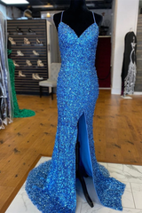 Sparkle Blue Sequin Prom Dresses Iridescent Mermaid Long Formal Dresses Side Slit