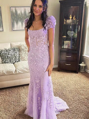 Square Neck Champagne Long Lace Prom Dress,Lilac Formal Evening Dresses