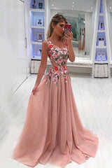 A Line Straps Appliqued Prom Dress, Cheap Sweep Train Tulle Evening Dresses