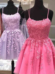 Thin Straps Short Purple Pink Lace Prom Dresses, Short Purple Pink Lace Graduation Homecoming Dresses