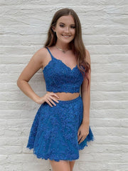 Two Pieces Short Blue Lace Prom Dresses, 2 Pieces Short Blue Lace Graduation Homecoming Dresses