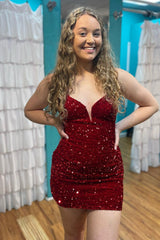 Burgundy Sequins Glitter Homecoming Dress with Lace-up Back