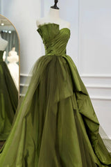 A Line Asymmetrical Strapless Green Long Prom Dress with Ruffles