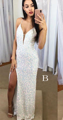 Spaghetti Straps Mermaid Prom Dress,Sparkly Sequins Slit Long Formal Gown
