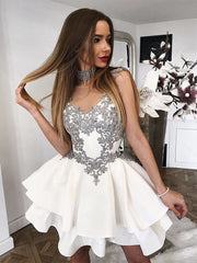 White Short Lace Prom Dresses, Short White Lace Formal Homecoming Dresses