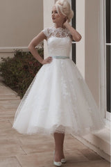 White Tea Length Lace Retro Wedding Dress, Polka Dot Wedding Dresses