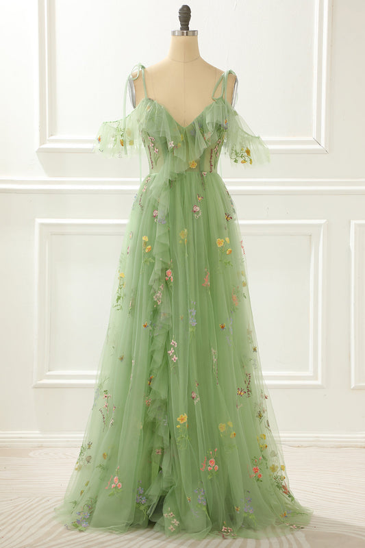 A Line Embroidery Green Prom Dress With Slit