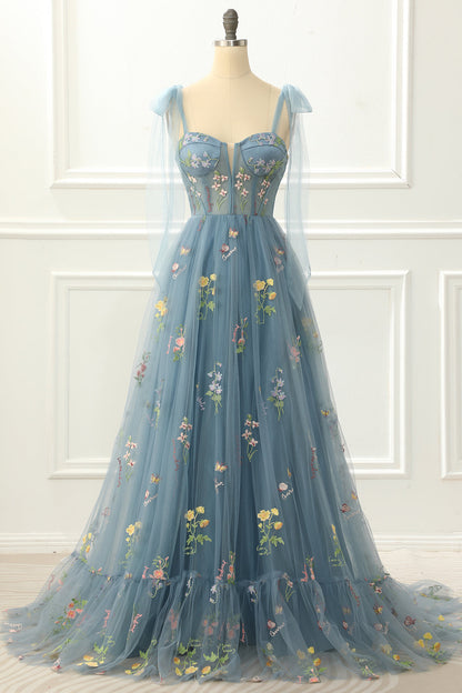A Line Grey Blue Princess Prom Dress With Embroidery